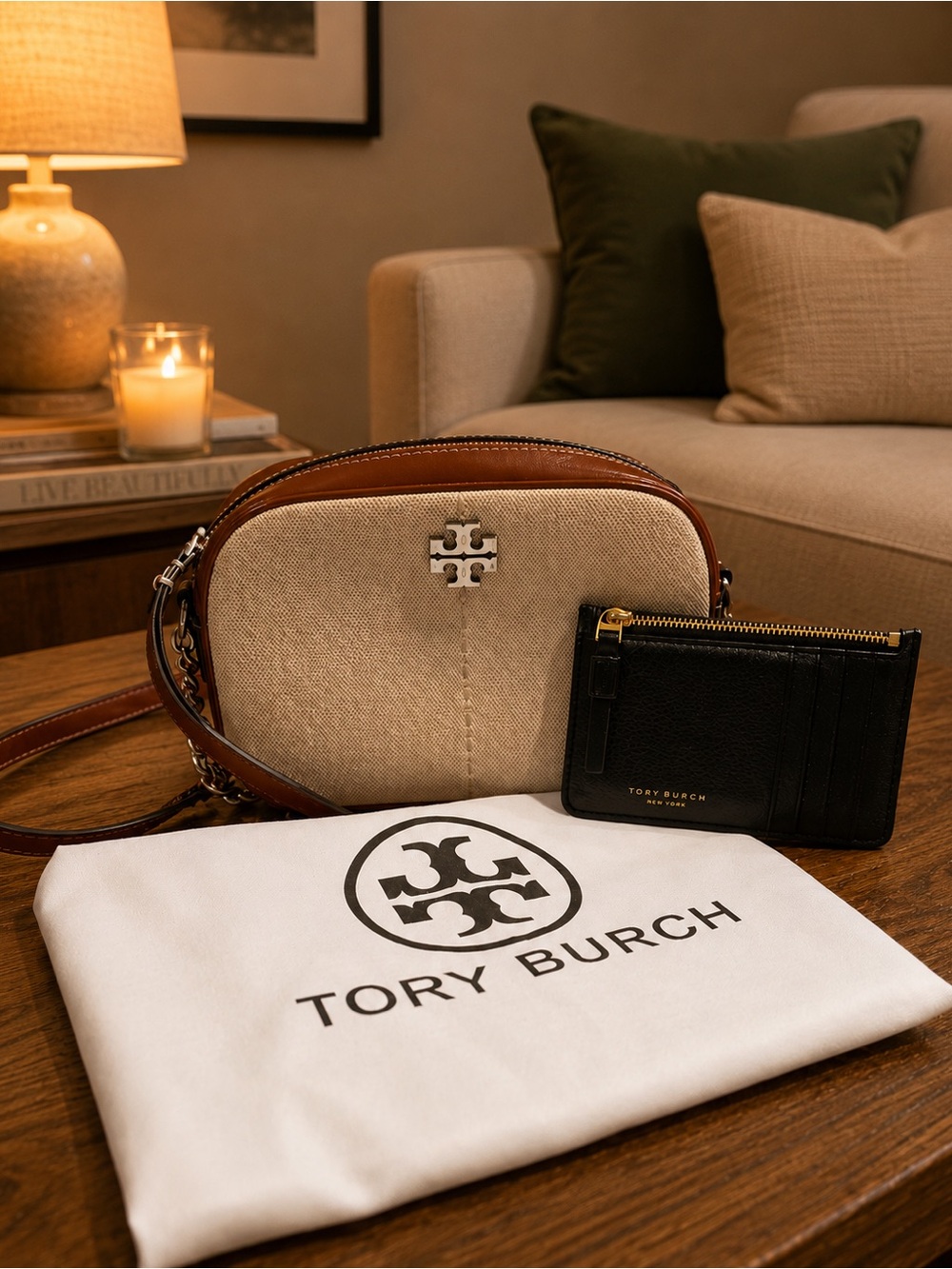 Tory Burch Beige Canvas & Black Leather Camera Crossbody w/ Black Card Case EUC